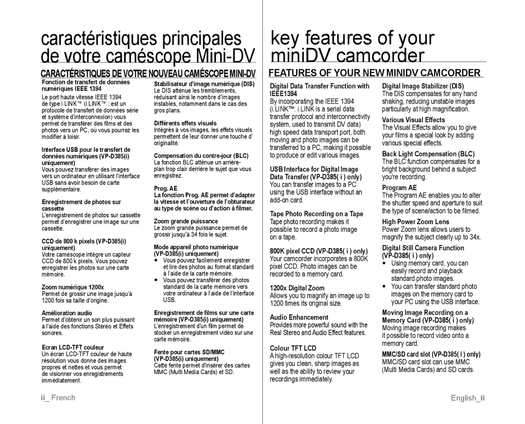 Samsung VP-D385I/MEA Features of Your NEW Minidv Camcorder, ’aide de la carte mémoire, Standard de la carte mémoire vers 