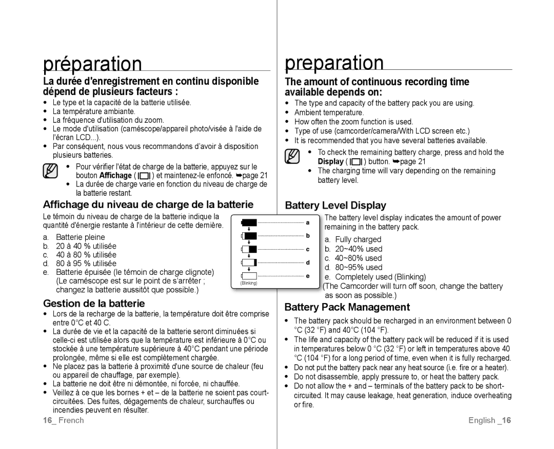 Samsung VP-D382/XEF, VP-D381/EDC Affichage du niveau de charge de la batterie, Changez la batterie aussitôt que possible 