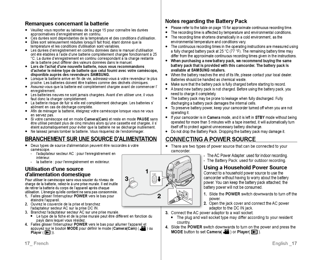 Samsung VP-D385/XEO, VP-D381/EDC manual Connecting a Power Source, Remarques concernant la batterie, Utilisation dune source 