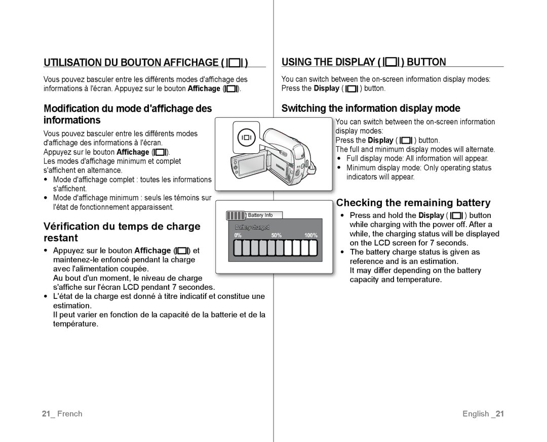 Samsung VP-D381I/XER, VP-D381/EDC, VP-D381/XEF, VP-D385I/MEA manual Utilisation DU Bouton Affichage, Using the Display Button 