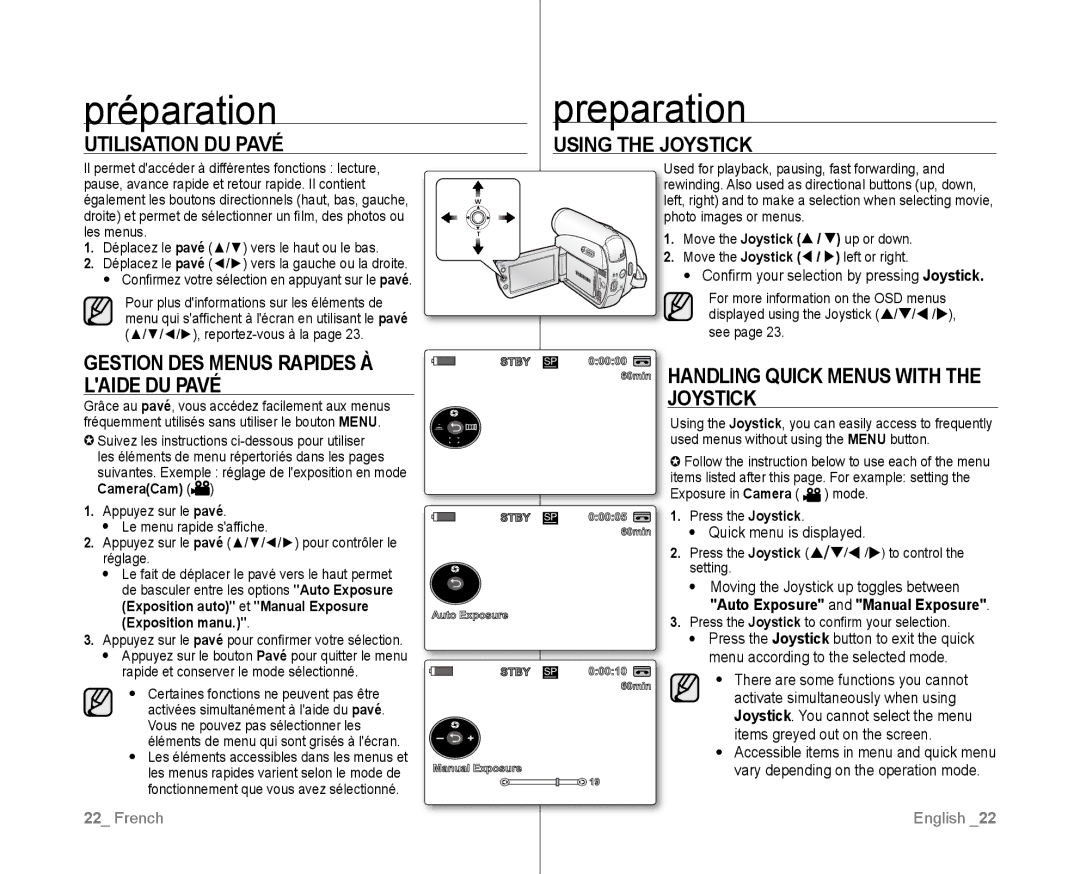 Samsung VP-D381/EDC, VP-D381/XEF manual Utilisation DU Pavé, Using the Joystick, Gestion DES Menus Rapides À Laide DU Pavé 