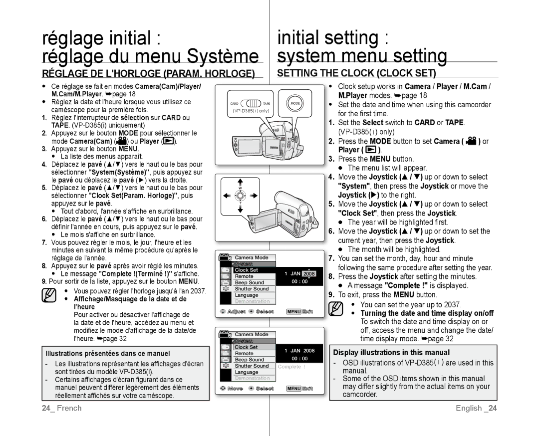 Samsung VP-D385I/MEA, VP-D381/EDC Réglage du menu Système, Setting the Clock Clock SET, Réglage DE Lhorloge PARAM. Horloge 