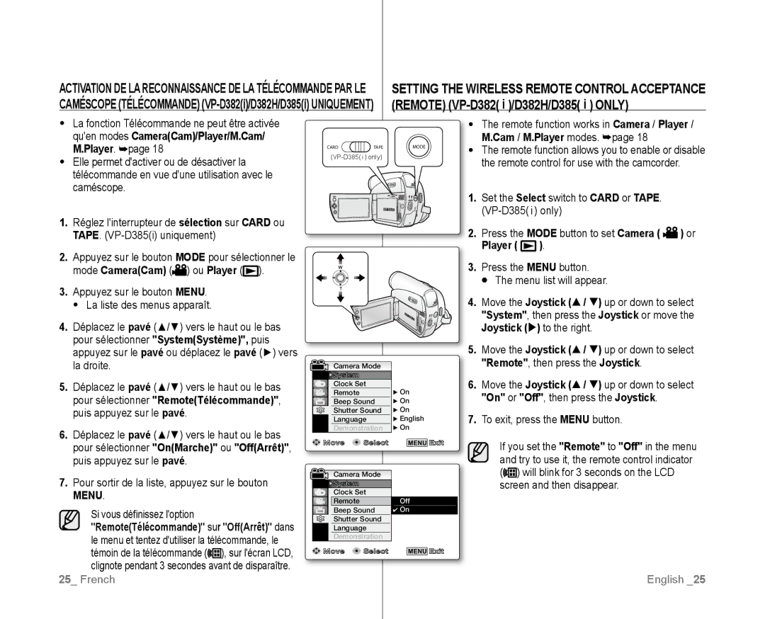 Samsung VP-D382H/XEF manual Remote VP-D382 i /D382H/D385 i only, Caméscope Télécommande VP-D382i/D382H/D385i uniquement 