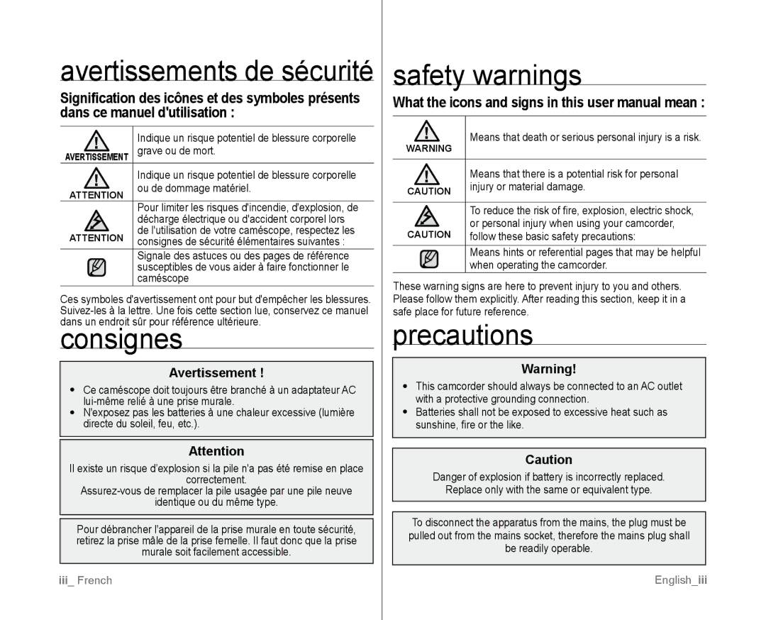 Samsung VP-D382H/XEF, VP-D381/EDC, VP-D381/XEF manual Consignes, Safety warnings, Precautions, Avertissements de sécurité 