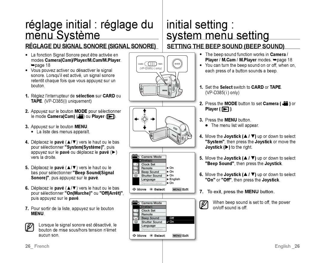 Samsung VP-D382/EDC Réglage initial réglage du, Modes CameraCam/Player/M.Cam/M.Player, Player Le mode CameraCam Ou Player 