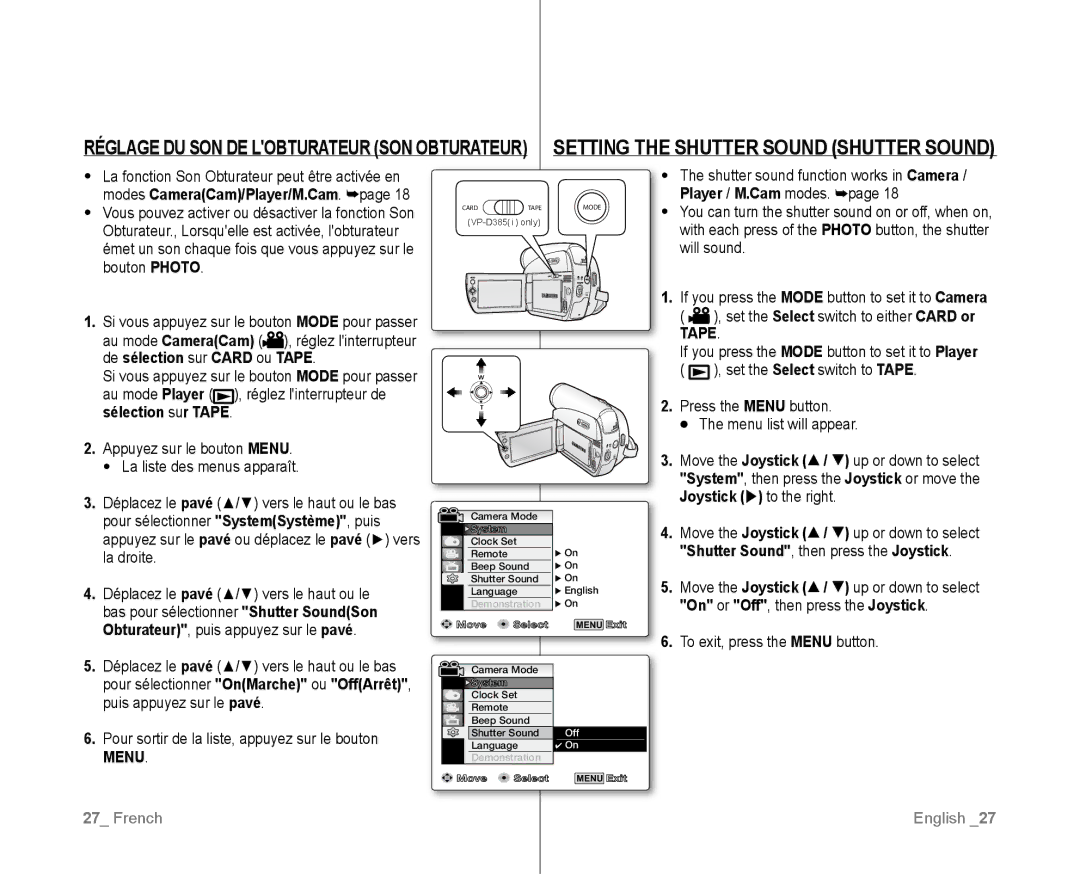 Samsung VP-D381/CAN, VP-D381/EDC Shutter Sound, then press the Joystick, Si vous appuyez sur le bouton Mode pour passer 