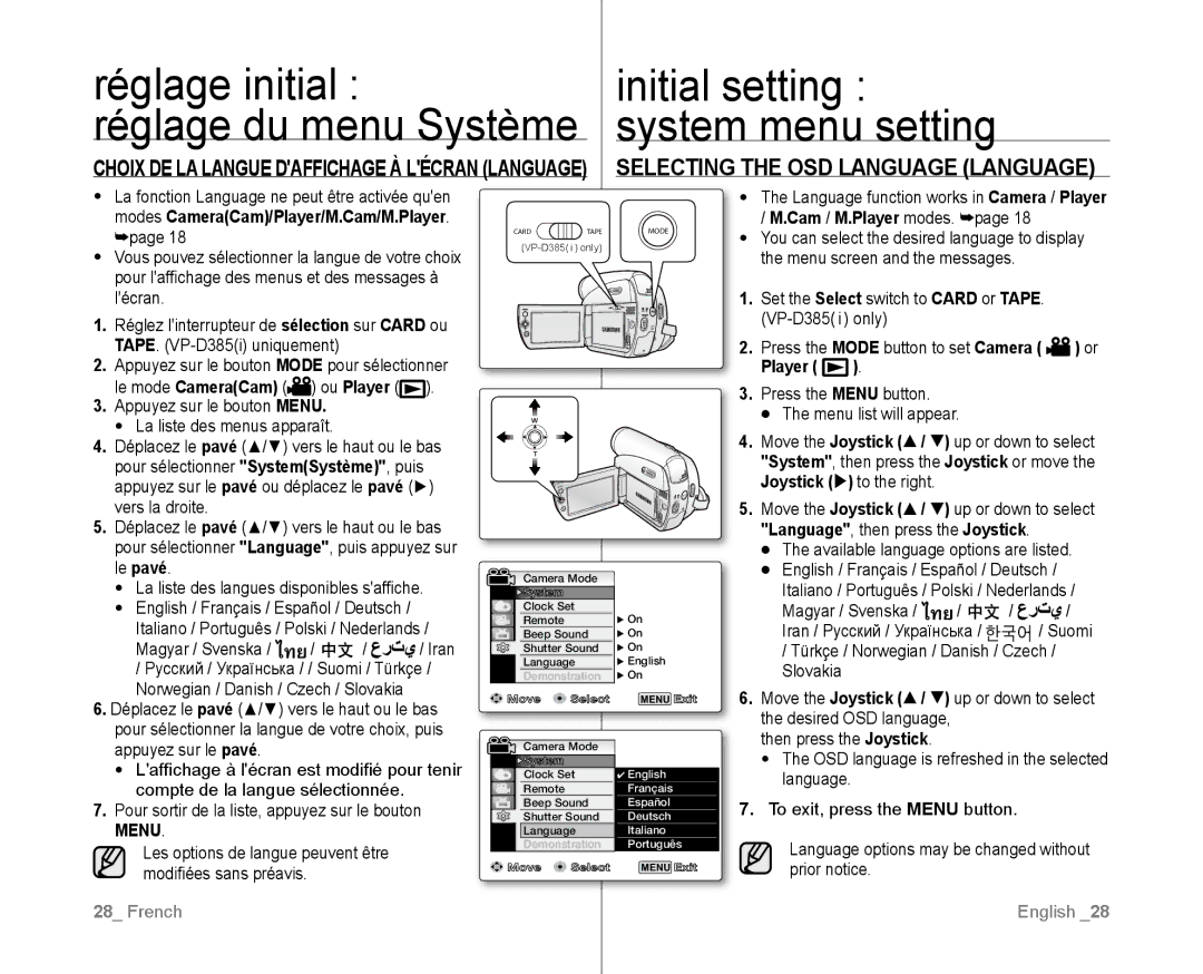 Samsung VP-D382/XEO, VP-D381/EDC, VP-D381/XEF Réglage initial, System menu setting, Selecting the OSD Language Language 