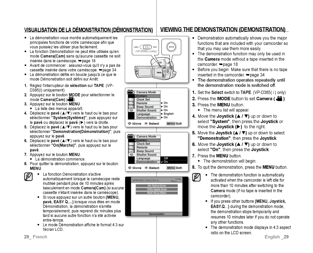 Samsung VP-D382/XEF, VP-D381/EDC, VP-D381/XEF manual Mode CameraCam, Appuyez sur le bouton Menu La liste des menus apparaît 