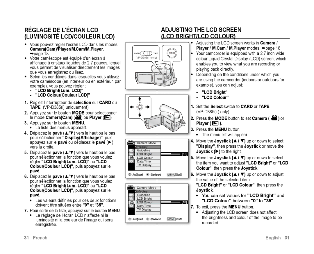 Samsung VP-D381/XEO CameraCam/Player/M.Cam/M.Player, LCD BrightLum. LCD, LCD ColourCouleur LCD, LCD Bright LCD Colour 