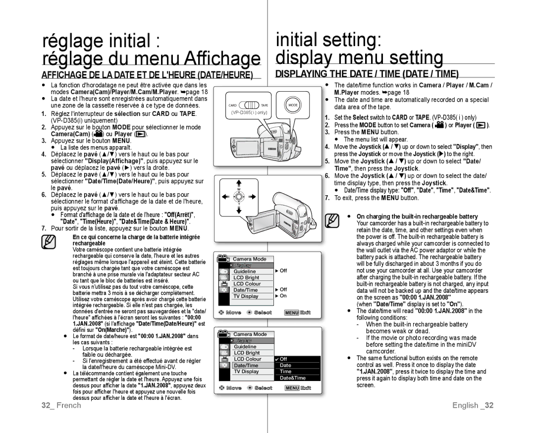 Samsung VP-D381/XEE, VP-D381/EDC, VP-D381/XEF manual Display menu setting, Modes CameraCam/Player/M.Cam/M.Player, Or Player 