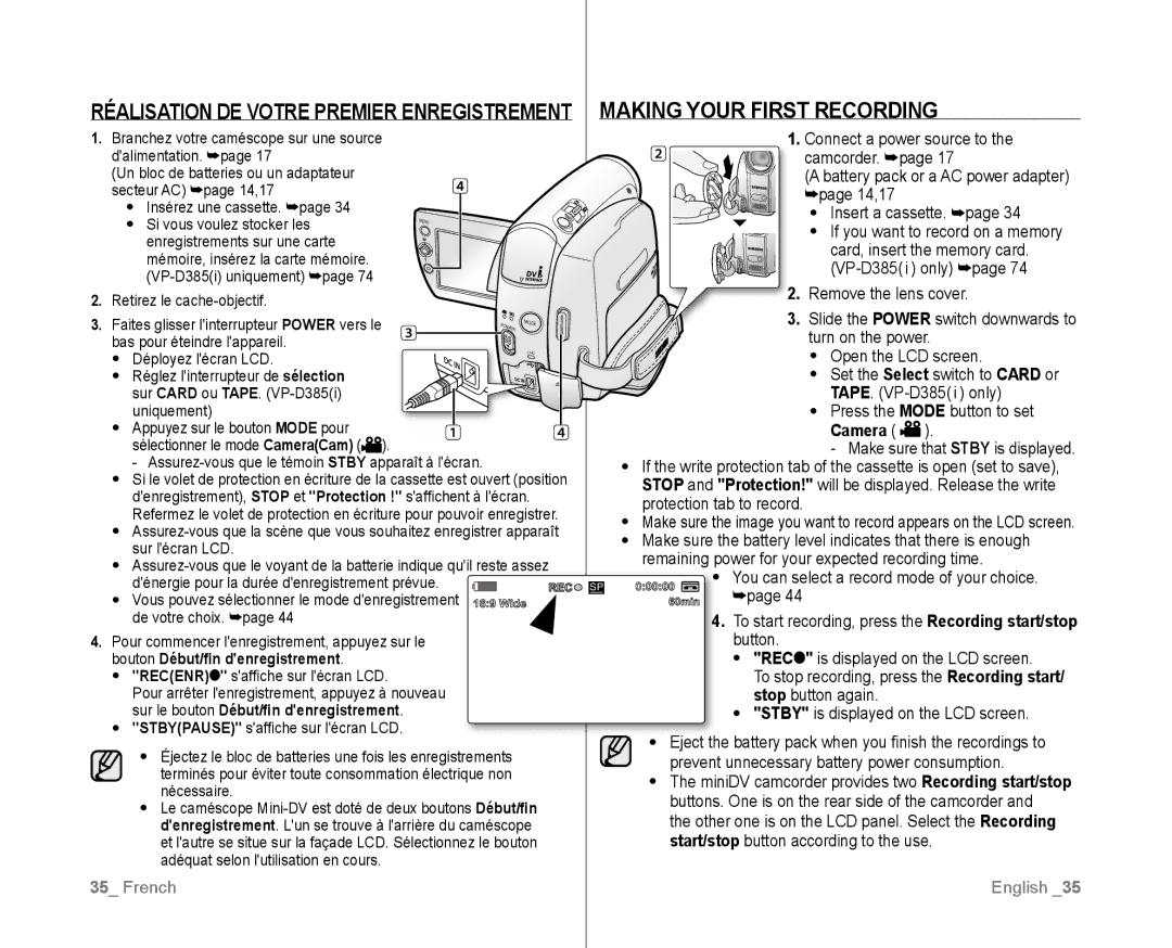 Samsung VP-D381/EDC, VP-D381/XEF manual Bouton Début/fin denregistrement, Sur le bouton Début/fin denregistrement, Camera 