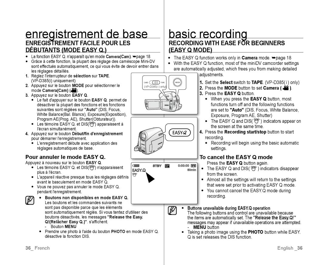 Samsung VP-D381/XEF manual Enregistrement de base Basic recording, Pour annuler le mode Easy Q, To cancel the Easy Q mode 