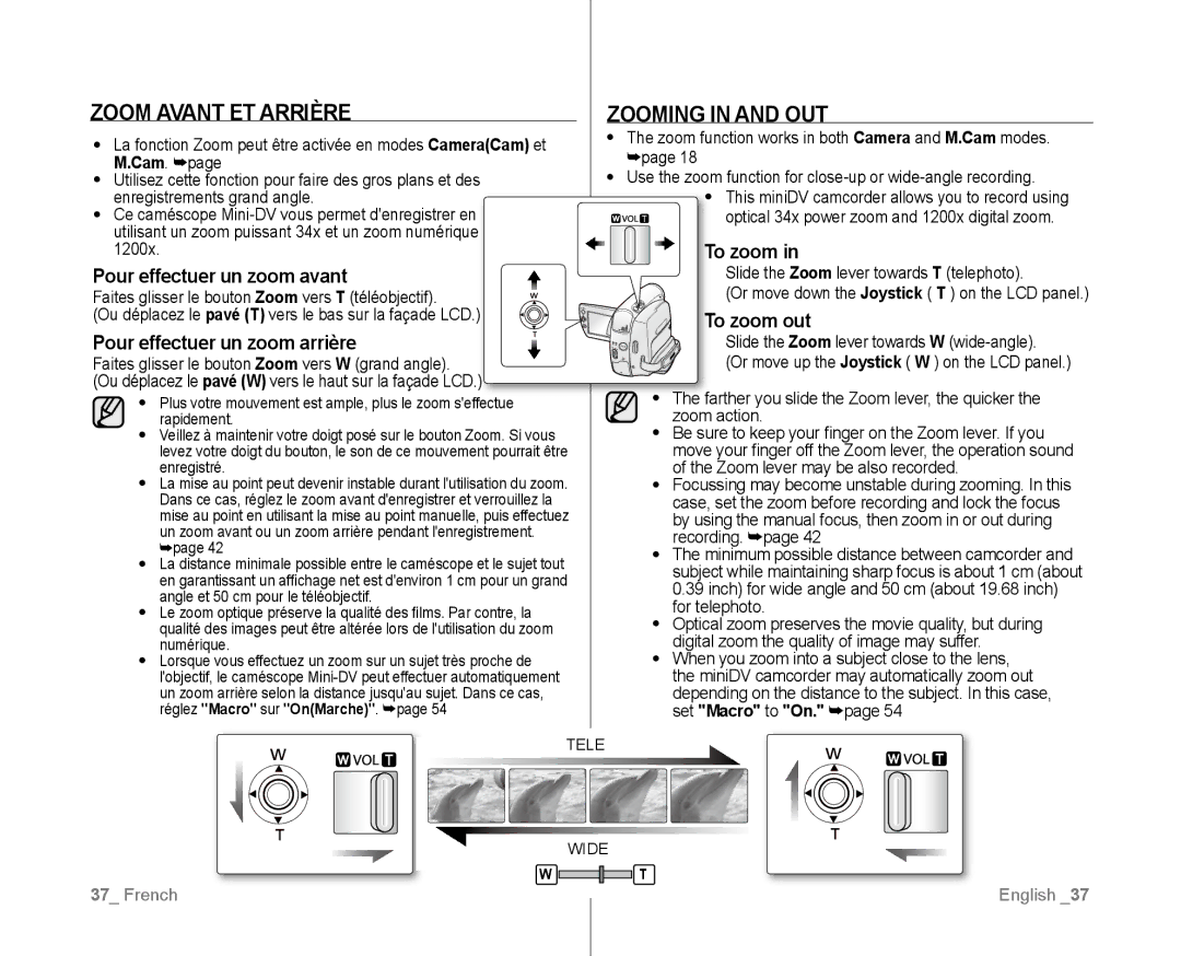 Samsung VP-D385I/MEA, VP-D381/EDC, VP-D381/XEF, VP-D382H/XEF, VP-D382/EDC manual Zoom Avant ET Arrière, Zooming in and OUT 