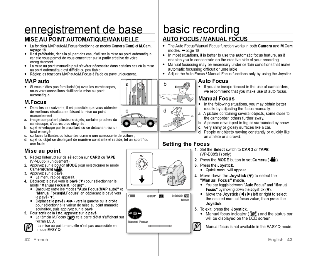 Samsung VP-D382/XEF, VP-D381/EDC, VP-D381/XEF, VP-D385I/MEA Mise AU Point AUTOMATIQUE/MANUELLE, Auto Focus / Manual Focus 