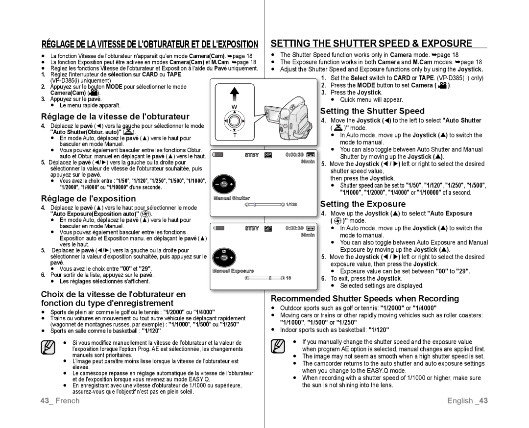 Samsung VP-D385/XEO, VP-D381/EDC manual Setting the Shutter Speed & Exposure, Réglage de lexposition, Setting the Exposure 