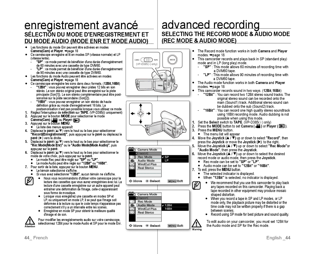 Samsung VP-D381/XEO, VP-D381/EDC, VP-D381/XEF, VP-D385I/MEA, VP-D382H/XEF Enregistrement avancé, Advanced recording, 16Bit 