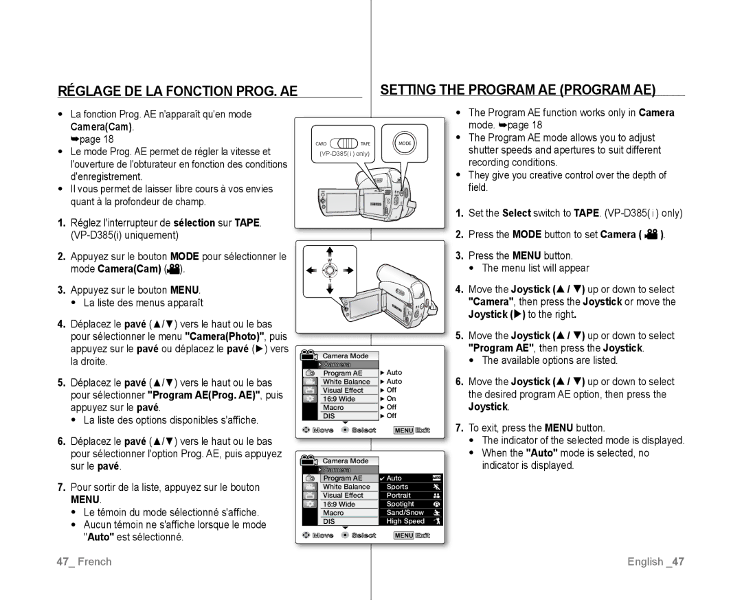 Samsung VP-D381I/XER, VP-D381/EDC, VP-D381/XEF, VP-D385I/MEA, VP-D382H/XEF, VP-D382/EDC, VP-D381/CAN, VP-D382/XEO manual Camera 