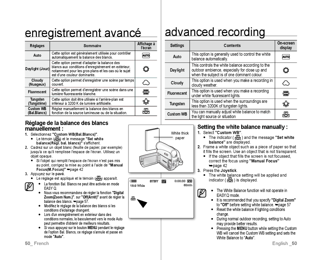 Samsung VP-D385I/MEA, VP-D381/EDC Enregistrement avancé Advanced recording, Réglage de la balance des blancs, Manuellement 