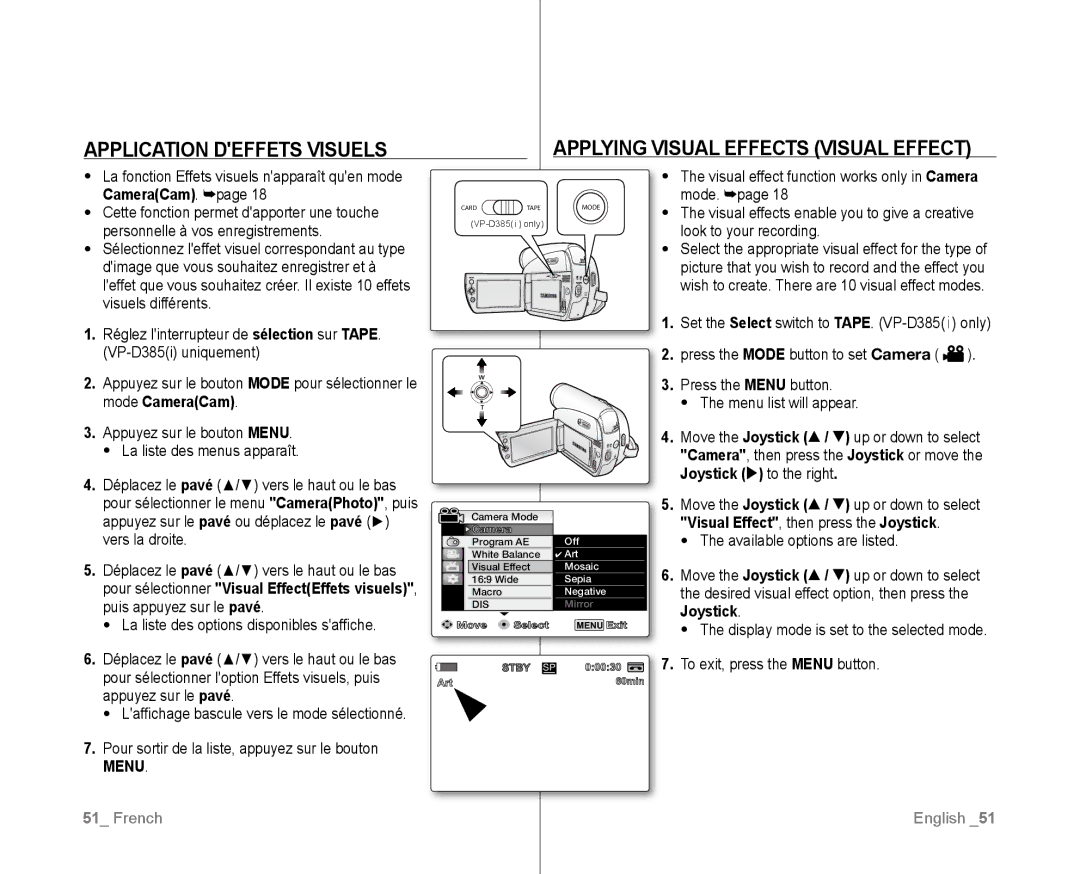 Samsung VP-D382H/XEF, VP-D381/EDC manual La fonction Effets visuels napparaît quen mode CameraCam, Puis appuyez sur le pavé 