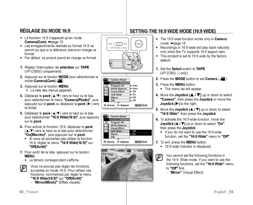 Samsung VP-D381/CAN manual Réglage DU Mode, Setting the 169 Wide mode 169 Wide, wide function works only in Camera mode 