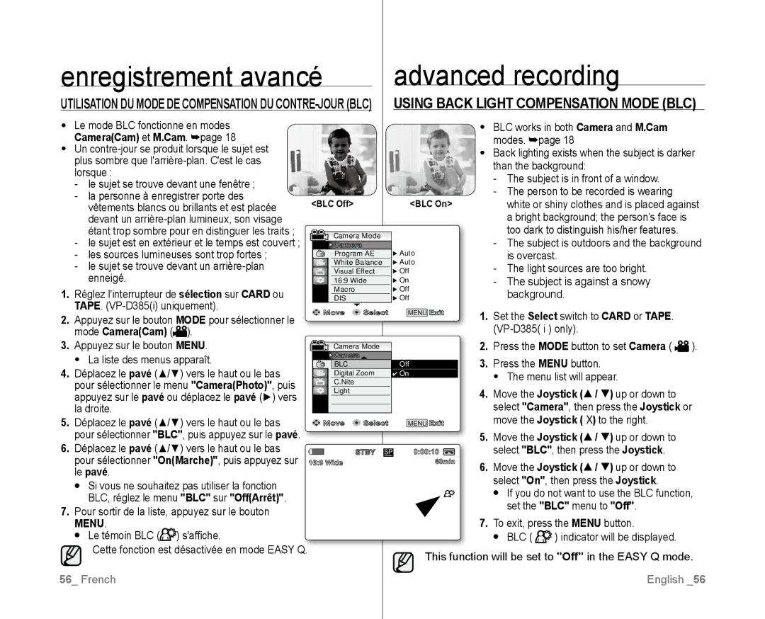 Samsung VP-D385/XEO, VP-D381/EDC, VP-D381/XEF, VP-D385I/MEA manual Using Back Light Compensation Mode BLC, CameraCam et M.Cam 