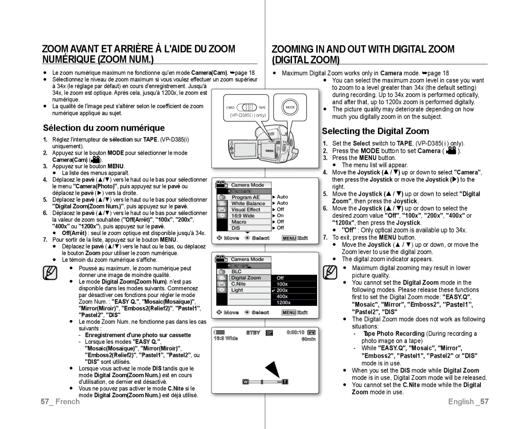 Samsung VP-D381/XEO, VP-D381/EDC Zoom Avant ET Arrière À Laide DU Zoom Numérique Zoom NUM, Sélection du zoom numérique 