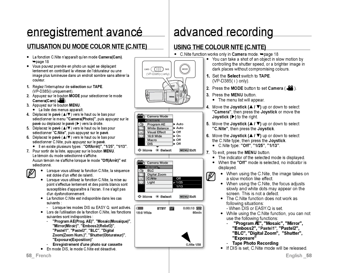 Samsung VP-D381/XEE manual Program AE, Mosaic, Mirror, Emboss2, Pastel1, Pastel2, BLC, Digital Zoom, Shutter, Exposure 