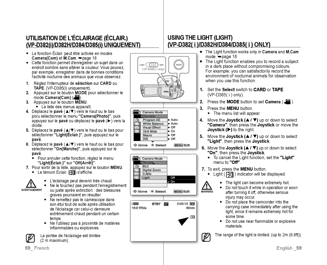 Samsung VP-D381I/XEK manual Utilisation DE Léclairage Éclair Using the Light Light, VP-D382i/D382H/D384/D385i Uniquement 