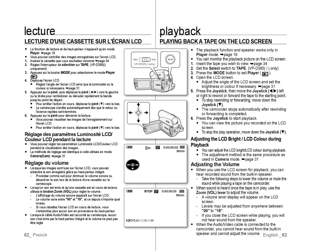 Samsung VP-D381/XEF manual Lectureplayback, Lecture Dune Cassette SUR Lécran LCD, Playing Back a Tape on the LCD Screen 