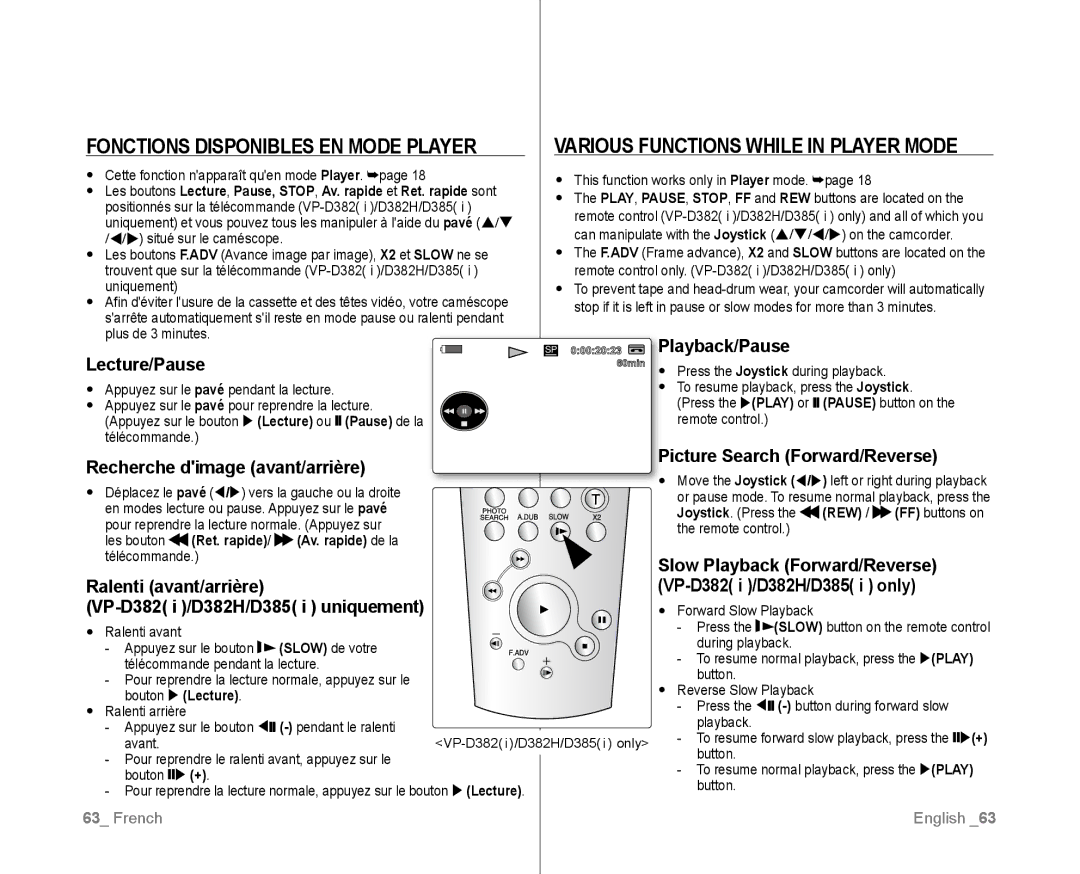 Samsung VP-D385I/MEA, VP-D381/EDC, VP-D381/XEF Fonctions Disponibles EN Mode Player, Various Functions while in Player Mode 