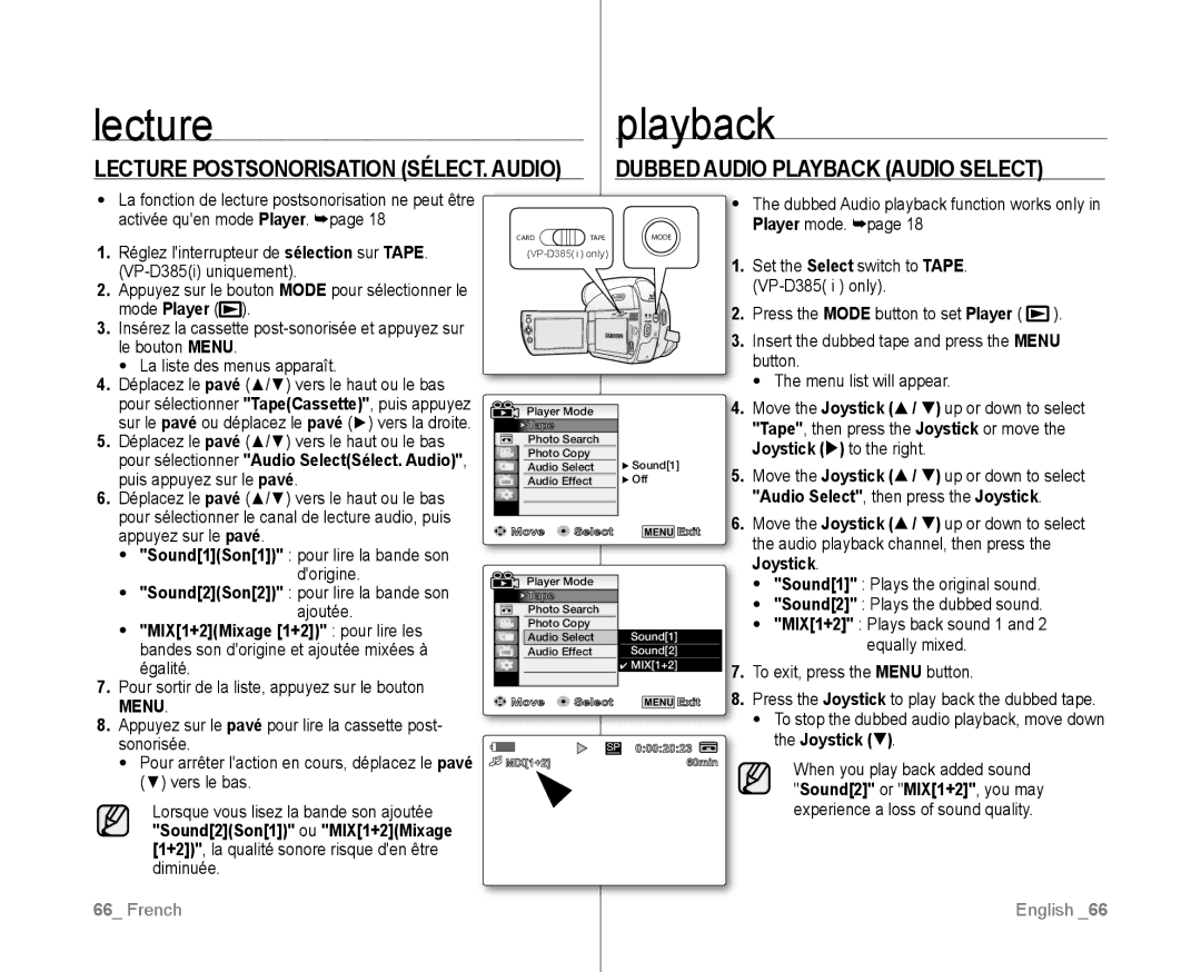 Samsung VP-D381/CAN, VP-D381/EDC manual Dubbed Audio Playback Audio Select, Mode Player, MIX1+2Mixage 1+2 pour lire les 