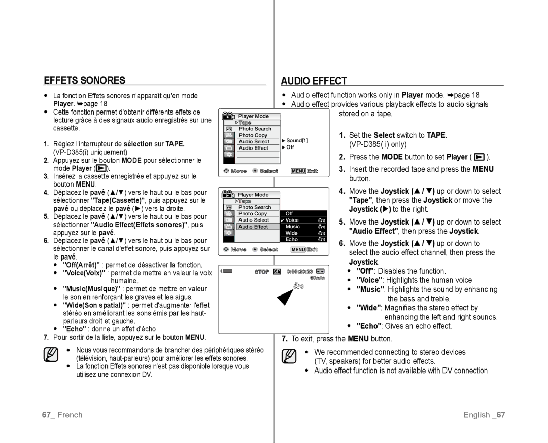 Samsung VP-D382/XEO, VP-D381/EDC, VP-D381/XEF, VP-D385I/MEA, VP-D382H/XEF, VP-D382/EDC manual Effets Sonores, Audio Effect 