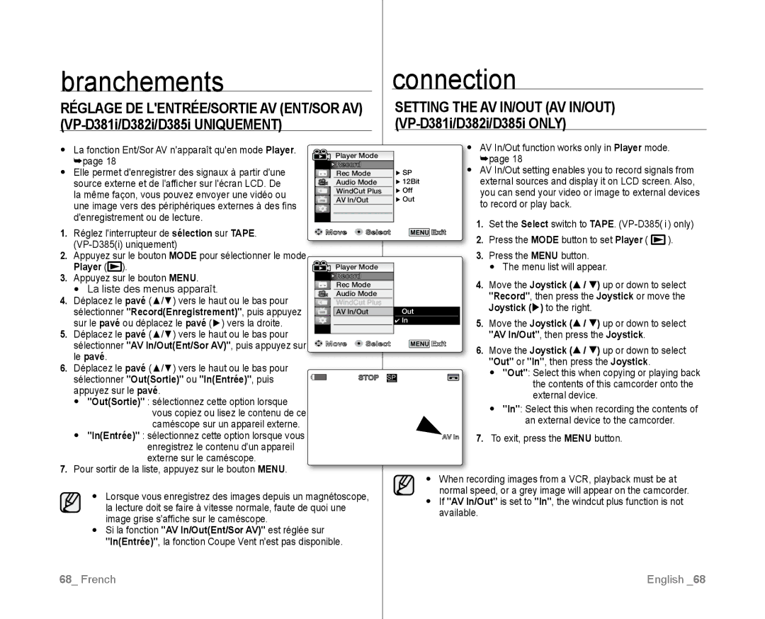 Samsung VP-D382/XEF, VP-D381/EDC manual Branchements, Connection, Setting the AV In/Out AV In/Out VP-D381i/D382i/D385i only 