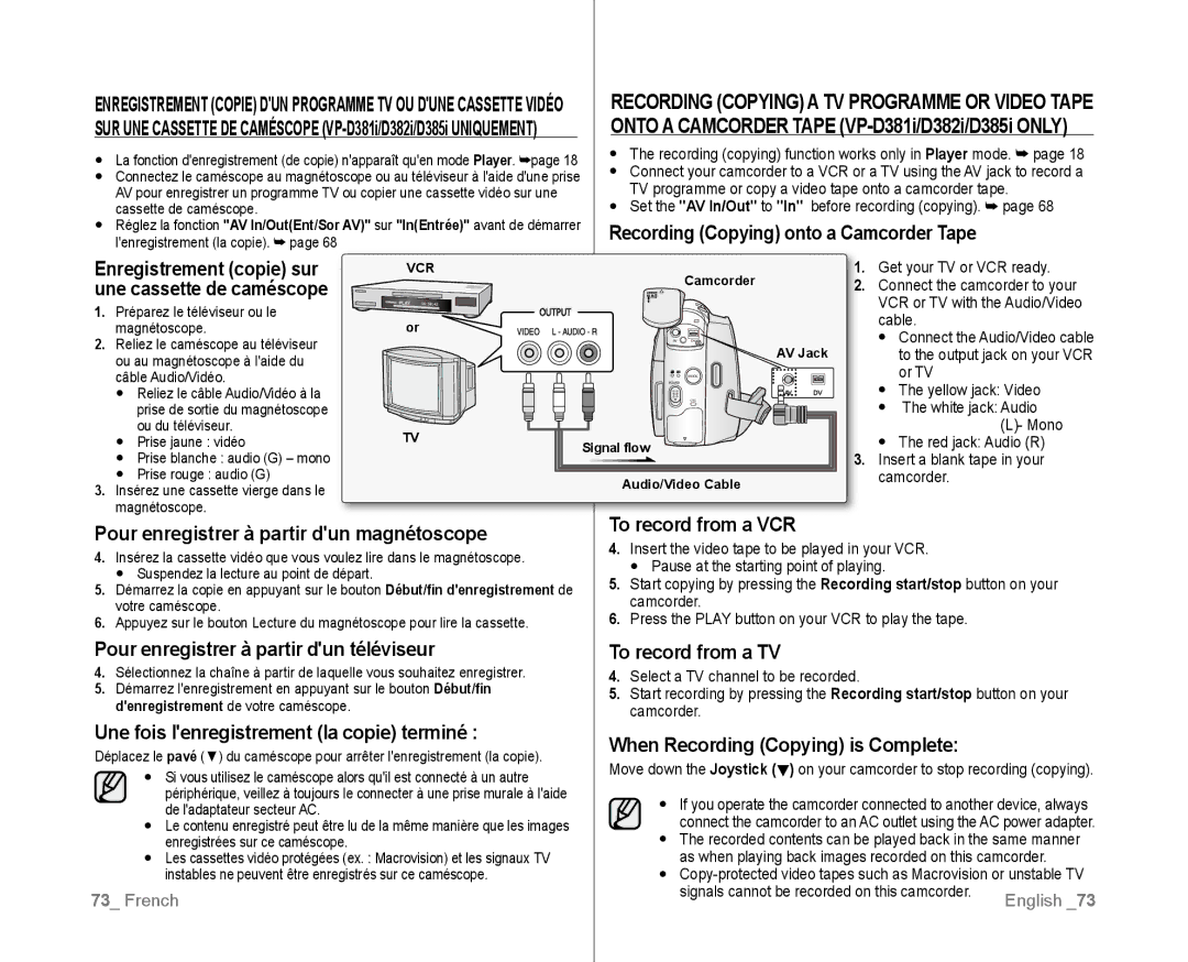 Samsung VP-D381I/XER, VP-D381/EDC Une cassette de caméscope, Pour enregistrer à partir dun téléviseur, To record from a TV 