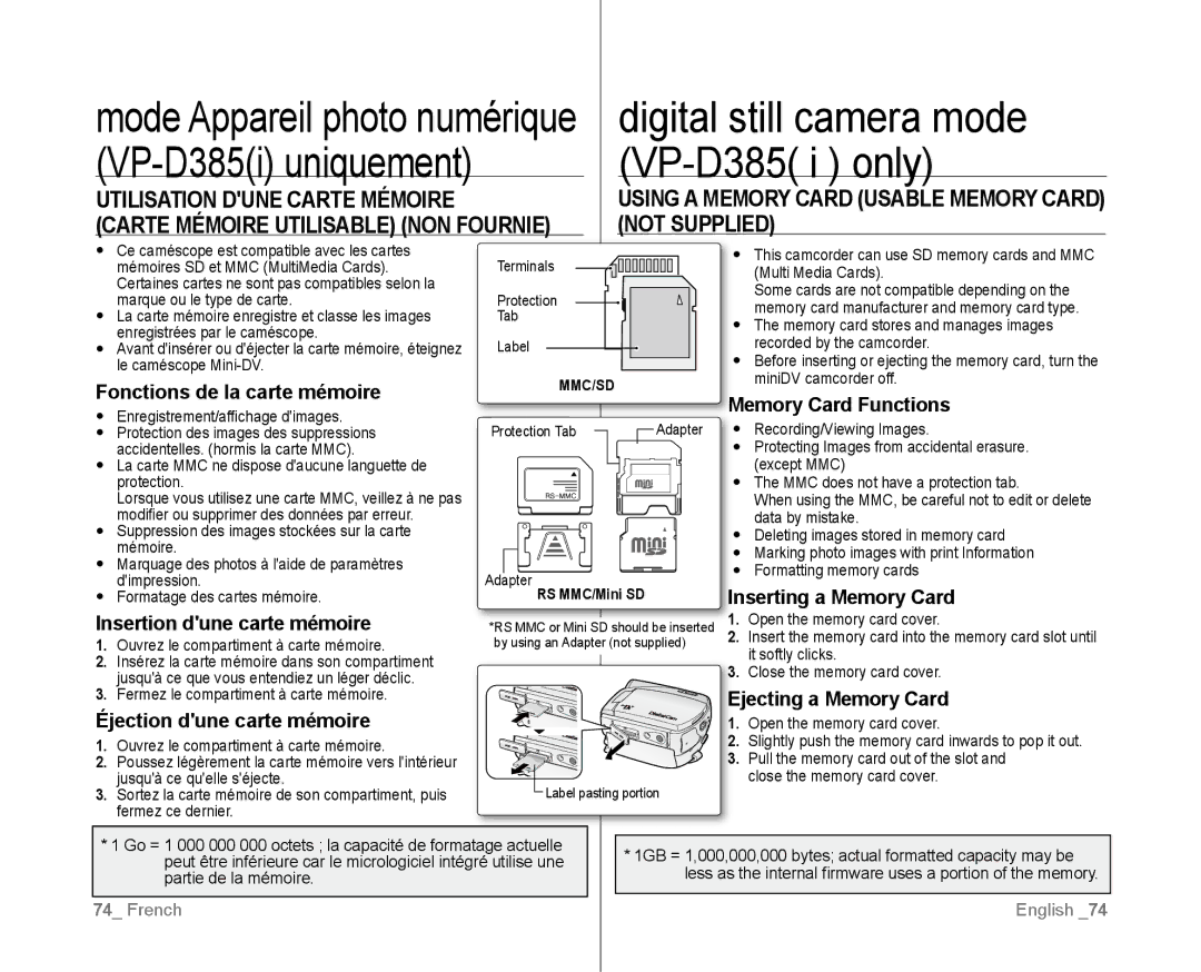 Samsung VP-D381/EDC, VP-D381/XEF manual Utilisation Dune Carte Mémoire, Using a Memory Card Usable Memory Card, Not supplied 