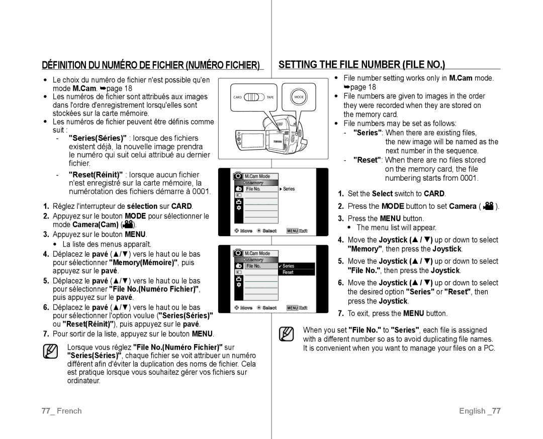 Samsung VP-D382H/XEF Setting the File Number File No, Memory, then press the Joystick, File No., then press the Joystick 