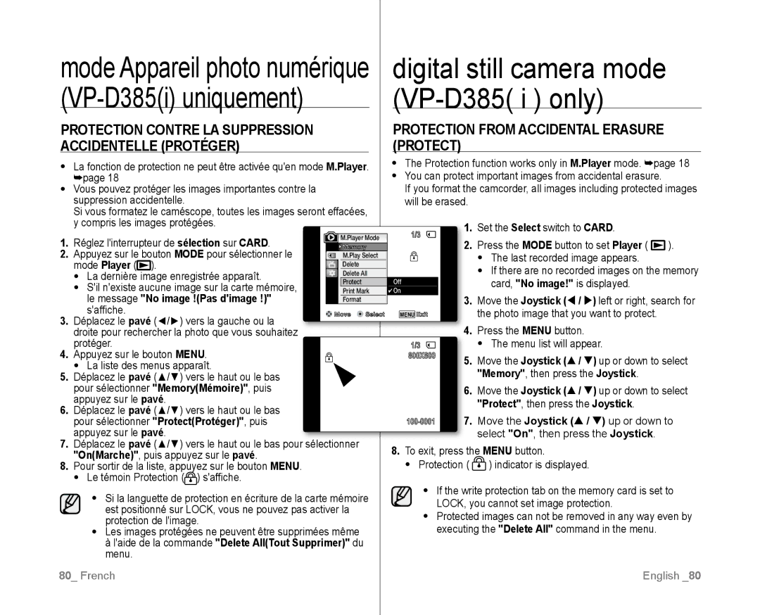 Samsung VP-D382/XEO manual VP-D385 i only, Protection from accidental Erasure Protect, Le message No image !Pas dimage 