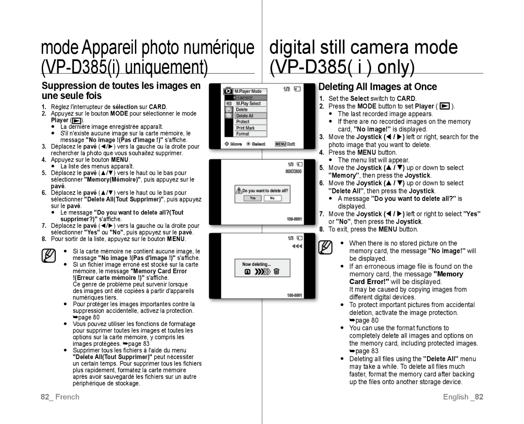 Samsung VP-D385/XEO, VP-D381/EDC manual Suppression de toutes les images en, Deleting All Images at Once Une seule fois 