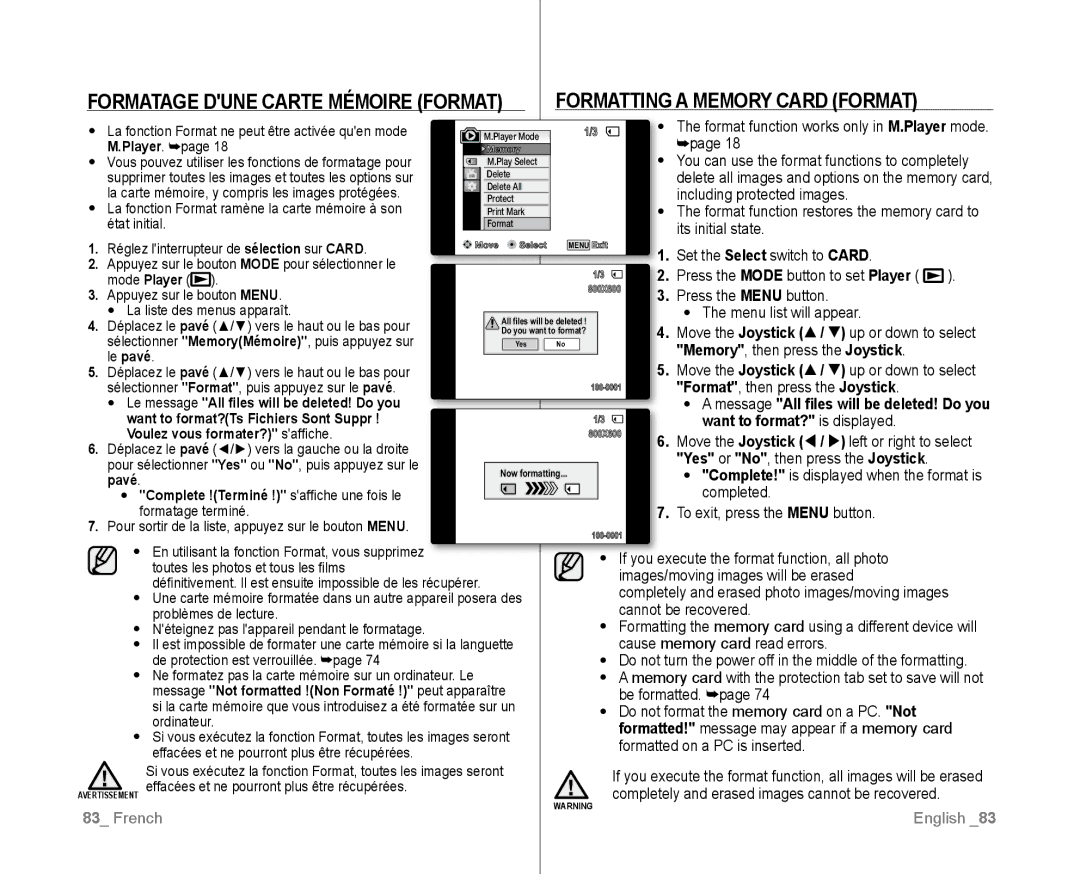 Samsung VP-D381/XEO manual Formatting a Memory Card format, Complete !Terminé ! saffiche une fois le formatage terminé 