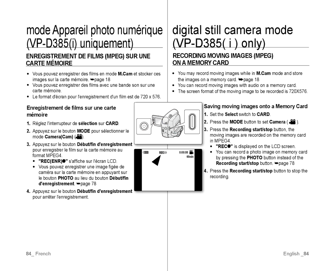 Samsung VP-D381/XEE manual Digital still camera mode VP-D385 i only, Enregistrement DE Films Mpeg SUR UNE Carte Mémoire 