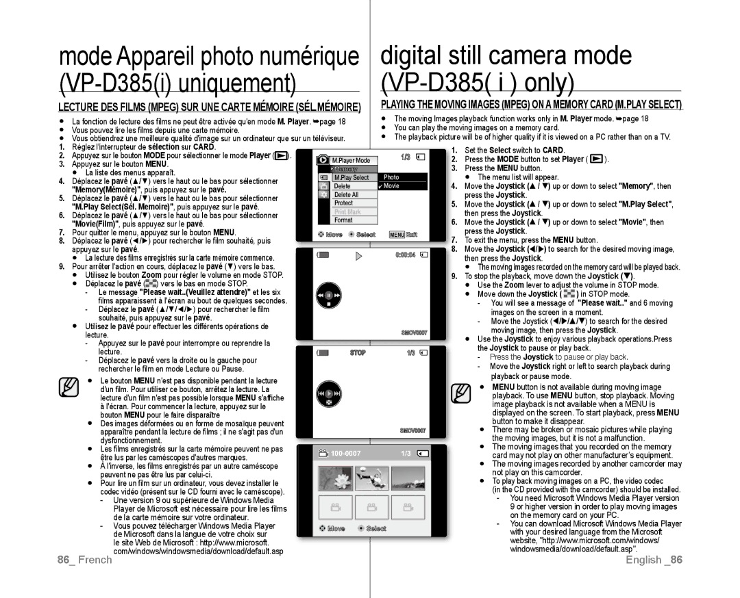 Samsung VP-D381I/XER manual MemoryMémoire, puis appuyez sur le pavé, Play SelectSél. Memoire, puis appuyez sur le pavé 