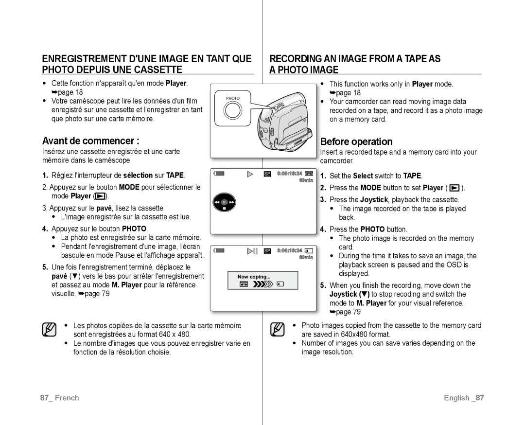 Samsung VP-D381/EDC manual Avant de commencer, Before operation, This function works only in Player mode, On a memory card 