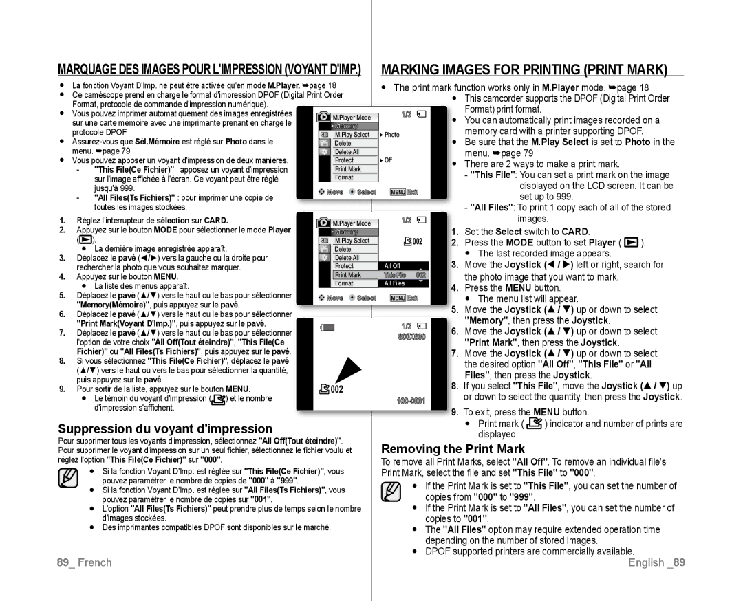 Samsung VP-D385I/MEA Marking Images for Printing Print Mark, Suppression du voyant dimpression, Removing the Print Mark 