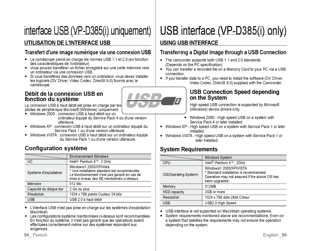 Samsung VP-D382/XEF, VP-D381/EDC, VP-D381/XEF, VP-D385I/MEA manual USB interface VP-D385i only, Utilisation DE Linterface USB 