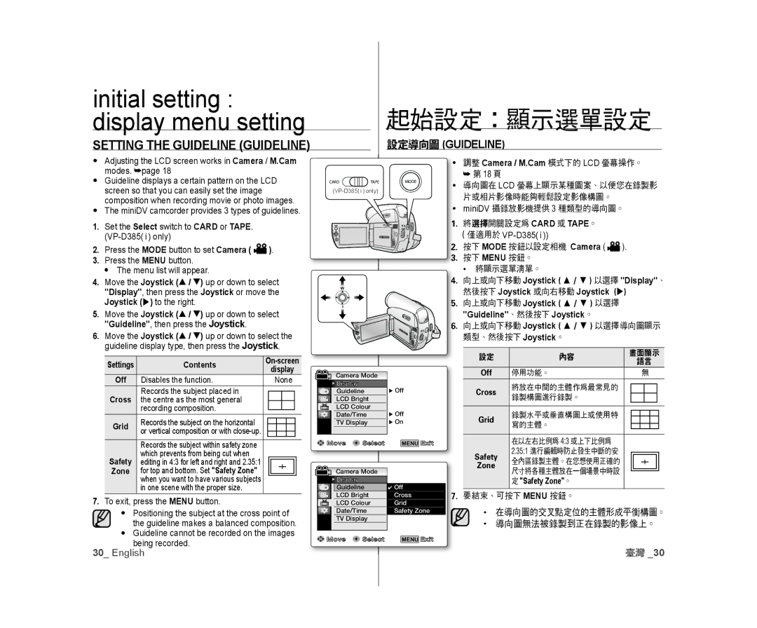 Samsung VP-D385/XEO 起始設定：顯示選單設定, Setting the Guideline Guideline, 然後按下 Joystick 或向右移動 Joystick , Guideline、然後按下 Joystick。 