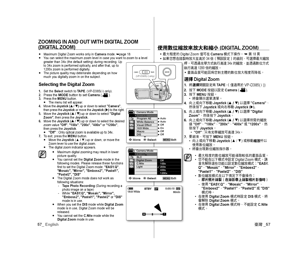 Samsung VP-D381/XEO, VP-D381/EDC Zooming in and OUT with Digital Zoom, 使用數位縮放來放大和縮小  Digital Zoom, Zoom、然後按下 Joystick。 