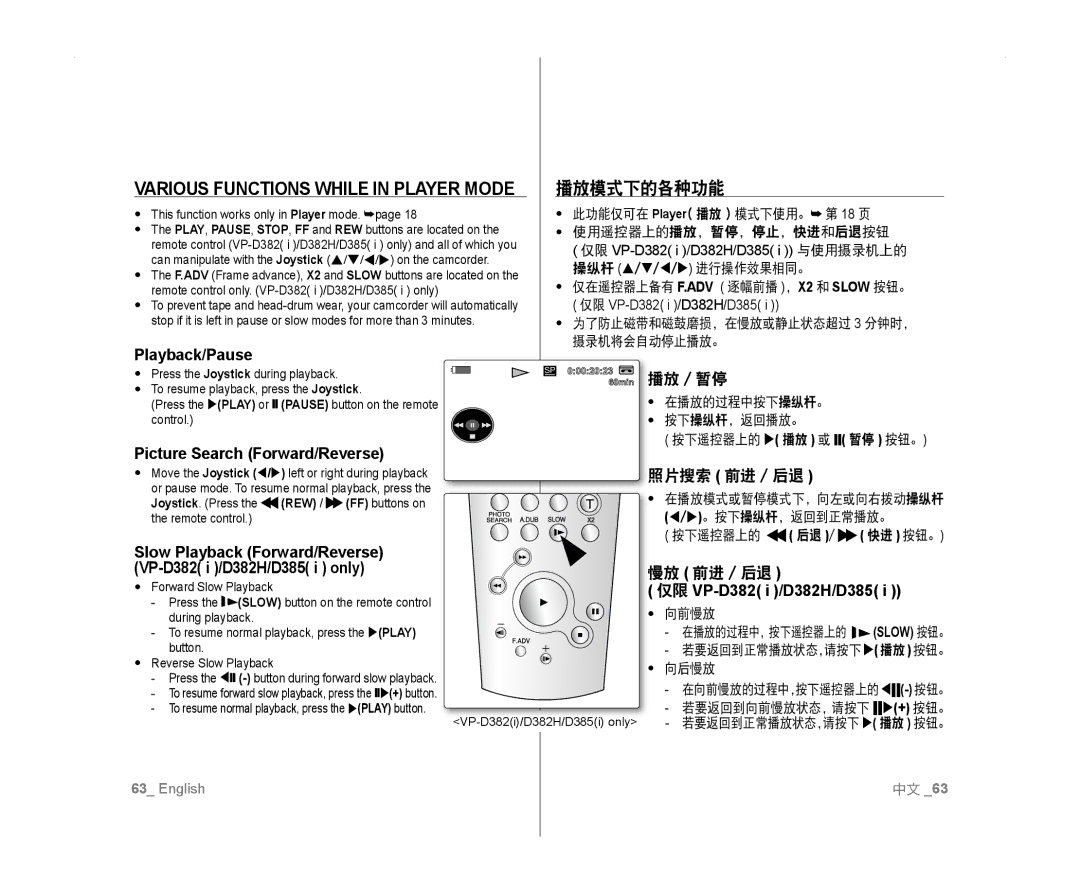 Samsung VP-D385I/MEA, VP-D381/EDC, VP-D381/XEF, VP-D382H/XEF, VP-D382/EDC Various Functions while in Player Mode, 播放模式下的各种功能 