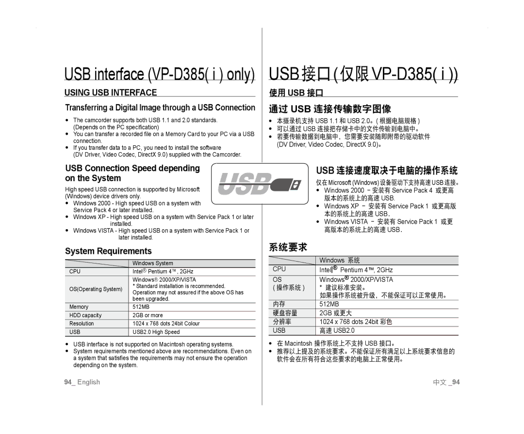 Samsung VP-D382/XEF, VP-D381/EDC, VP-D381/XEF manual USB接口仅限VP-D385, 通过 Usb 连接传输数字图像, Usb 连接速度取决于电脑的操作系统, Using USB Interface 