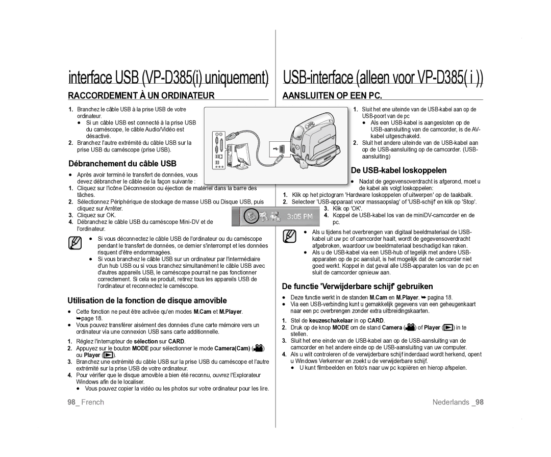 Samsung VP-D381/EDC, VP-D381/XEF, VP-D385I/MEA manual Raccordement À UN Ordinateur, Aansluiten OP EEN PC 