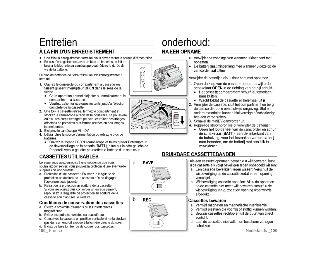 Samsung VP-D385I/MEA, VP-D381/EDC, VP-D381/XEF manual Entretien, Onderhoud 